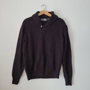 Oscar de la Renta Men’s Large Brown Shawl Collar Cotton Knit Sweater Pullover Bu